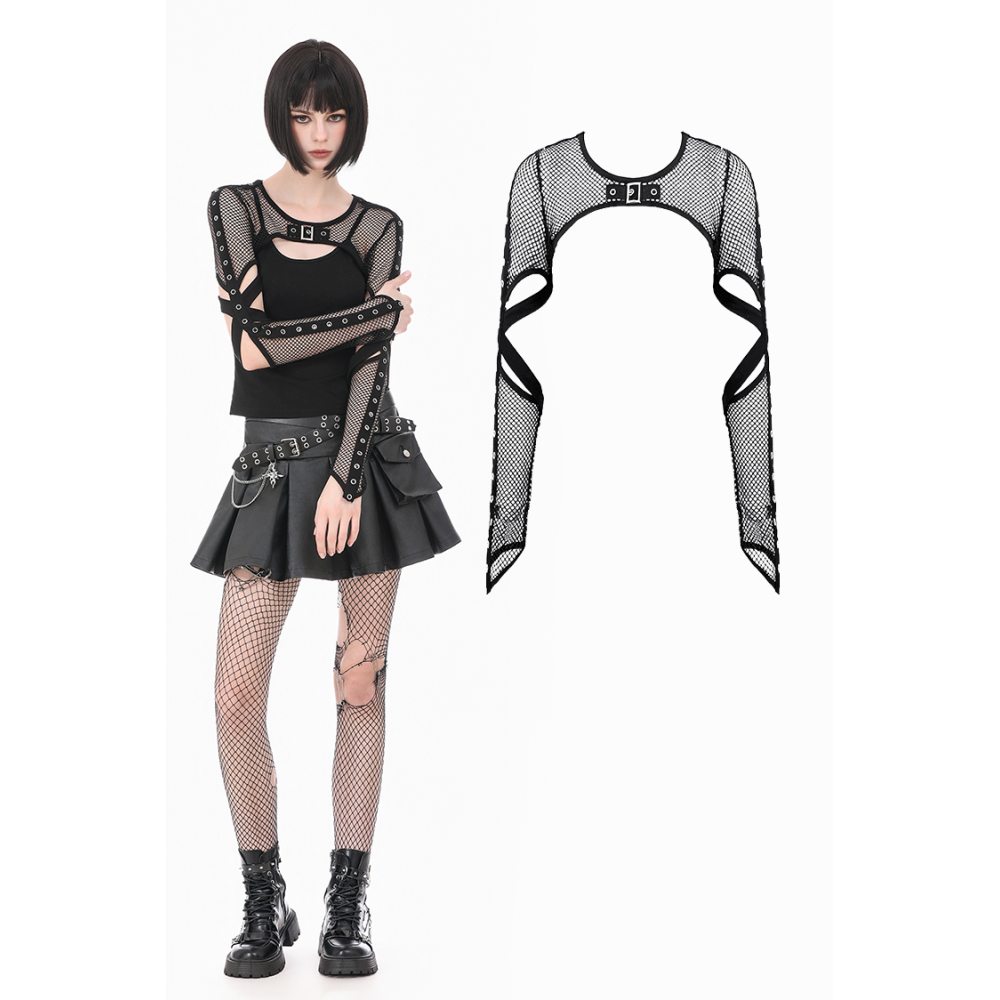 Dark in Love - TechPunk Elastic Mesh Shrug with Metallic Buckle and Lattice Cutout Sleeves Bolero - Black